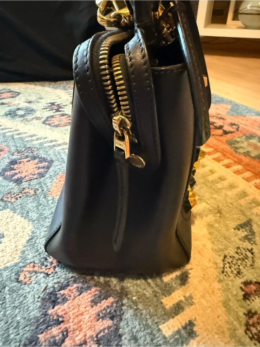 Auth Fendi Dotcom Black Leather Studded Top-Handle Bag